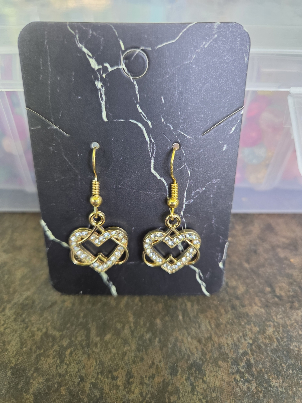 Gold Heart Infinity Dangle Earrings with Crystal Accents
